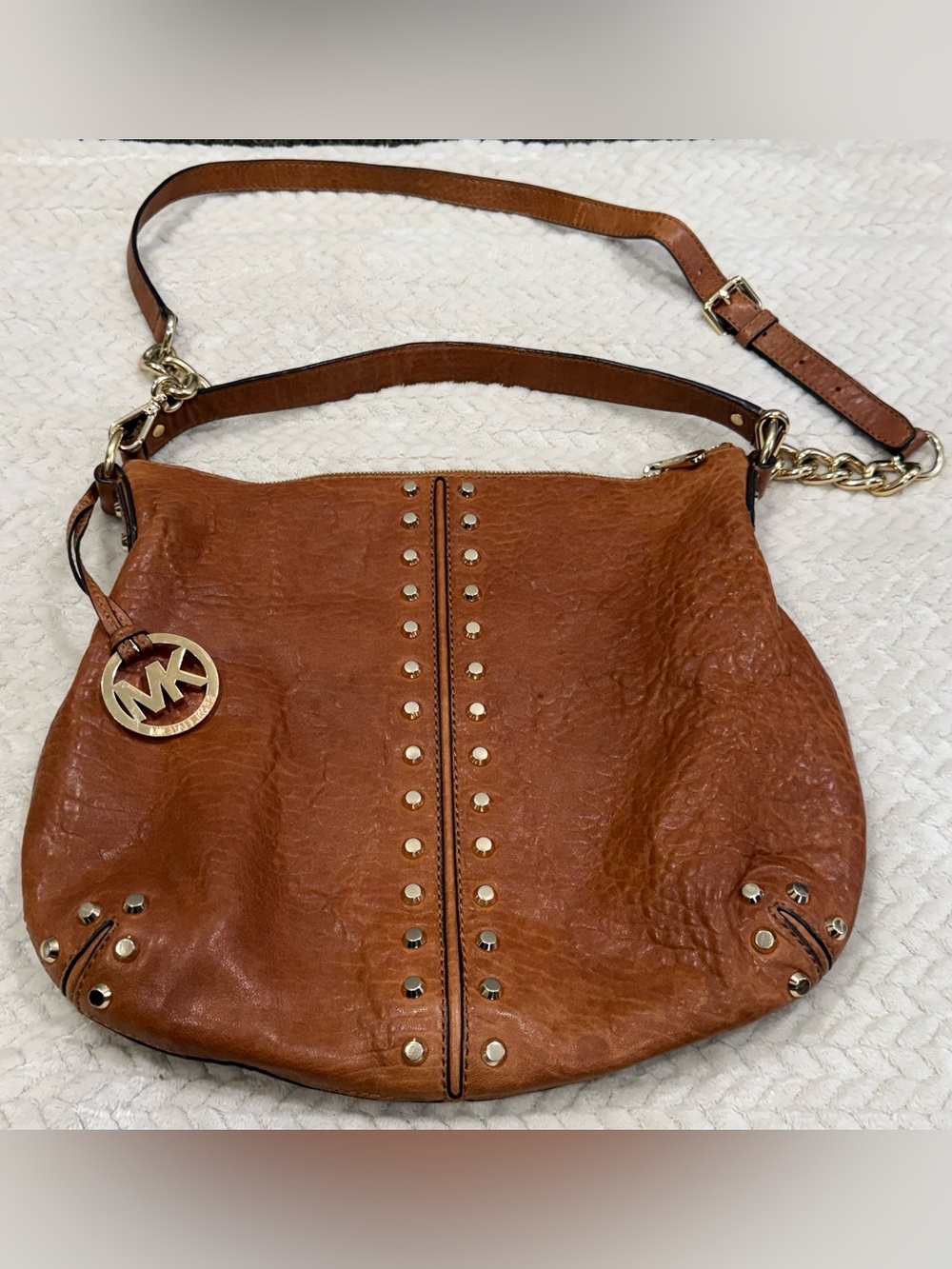 Michael Kors Uptown Astor Studded Leather Hobo Shoulder Crossbody Bag Cognac